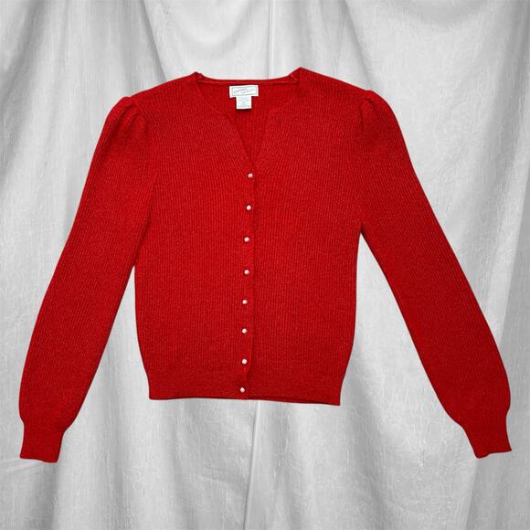 VTG 90’s Petites Just For You Red Cardigan Cozy Knit Sweater Puff Sleeve S M - Picture 1 of 16